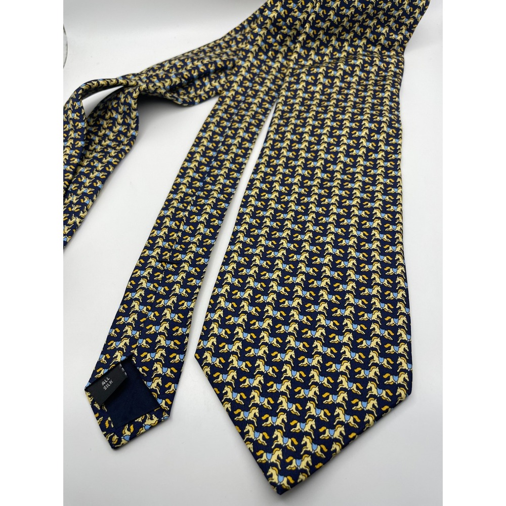 Innocenti Tom James Silk Tie Navy Blue Yellow Equestrian Horse Pattern Mens